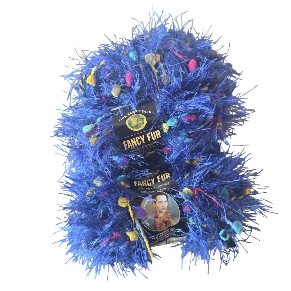 Lion Brand Fancy Fur Yarn 2 Skeins Brilliant Blue Eyelash Nylon Knit Crochet